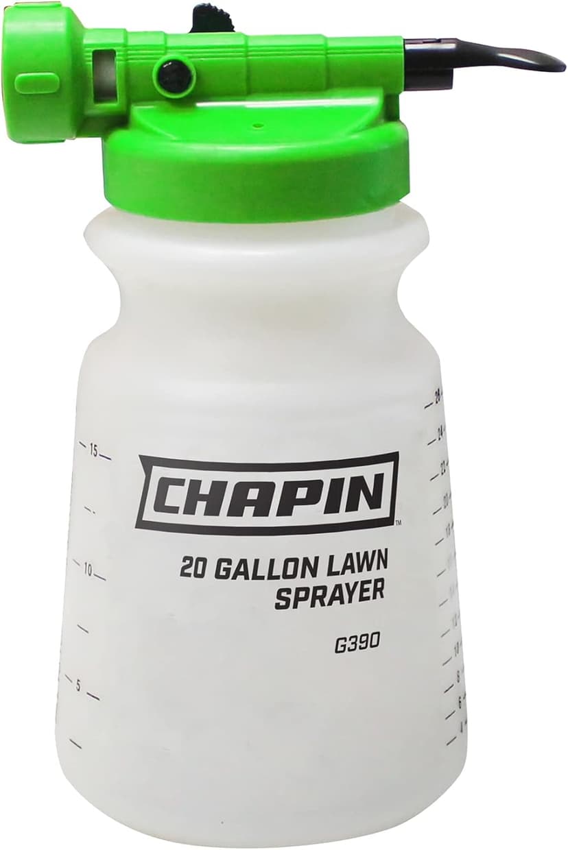 Chapin G390 Hose End Sprayer For Water Soluble Materials, 20 Gallon, 32 Ounce Tank, Finger Control and Backflow Prevention, For Spraying Lawns, Weeds, Insects, Fertilizers, Translucent White