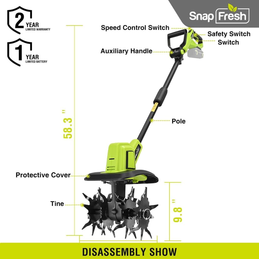 SnapFresh Cordless Tiller Cultivator, 20V Electric Garden Tiller with 4.0AH Battery and Fast Charger, 300 PRM Battery Powered Rototiller, 9" Width 6.6" Depth, 3 Speed Handheld Tiller with Steel Tines