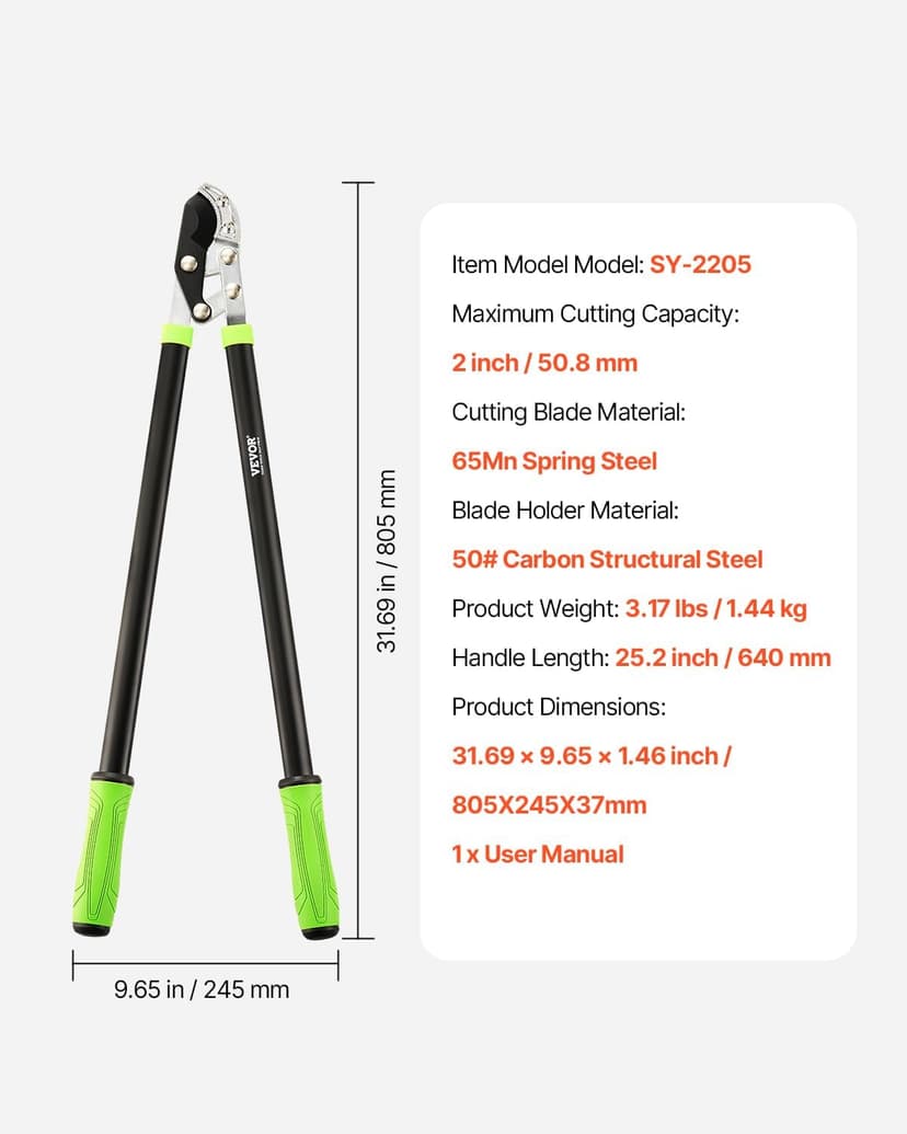 VEVOR Loppers for Tree Trimming, 32 inch Garden Anvil Trimmer with Compound Action, Sharp Steel Blade, Heavy Duty Tree Branch Cutter Up to 2 inch Dia Cut Capacity, Ergonomically Designed Handles