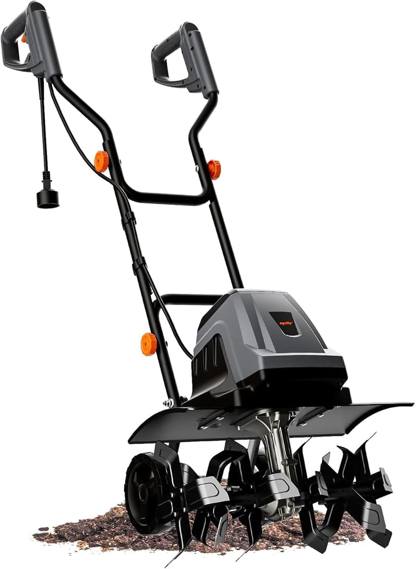 18 Inch 15 Amp Electric Tiller Cultivator, 24 Steel Tines for Gardening, Corded & High Power Garden Roto Tiller, 8.7'' Tilling Depth, 4-Adjustable Wheels, Foldable Handle, for Lawn Yard, Gray
