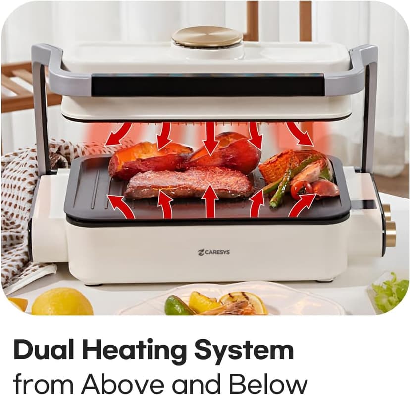 Smokeless Double Care Grill, Electric Indoor Tabletop Grill, Dual Heating, Fast Grilling, Portable, Nonstick, Adjustable Temperature, Ideal for K-BBQ