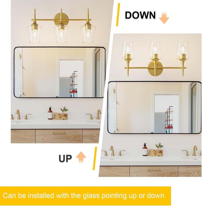 Bathroom Vanity Light Fixture, 3 Light Modern Gold Vanity Lighting fixtures, Lighting Fixtures Over Mirror, Wall Lamp with Clear Glass for Bathroom, Hallway, Bedroom with E26 Socket
