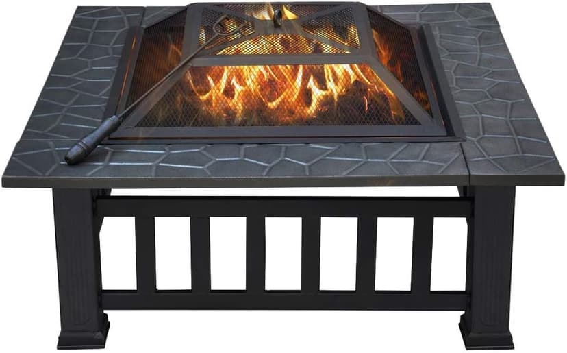 SINGLYFIRE 32 Inch Fire Pit Table for Outside Square Metal Firepit Outdoor Wood Burning Large Steel Bonfire Pit for Patio Backyard Garden with Waterproof Cover,Spark Screen,Log Grate,Poker