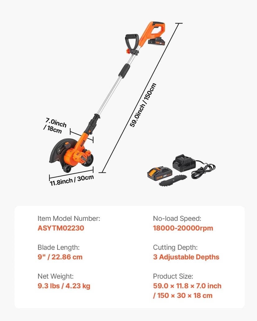 VEVOR Lawn Edger, 9-inch Large Blade, 20 V Battery Powered Cordless Edger Lawn Tool with 3-Position Blade Depth, Adjustable Handle, with Battery and Charger, for Lawns, Driveways, and Sidewalk Edges