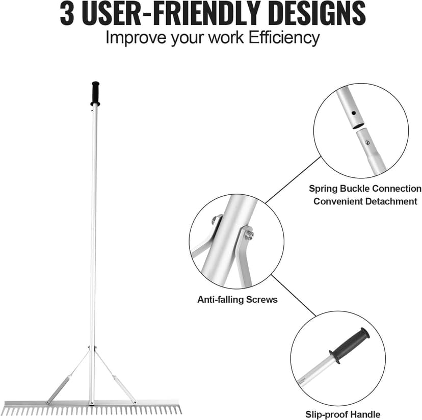 VEVOR Landscape Rake, 36" Head Aluminum Lake Weed Rake with 75" Long Handle for Loosening Soil, Lawn Care, Weeding Lake, Garden, Silver