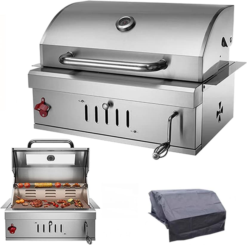 Built In Charcoal Grills Outdoor Kitchens,28-Inch Stainless Steel Charcoal bbq Grill Built In with Liftable Charcoal Tray,Insulated Hood, Temperature Gauge and Rain Fabric cover (Round Lid)