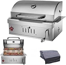 Built In Charcoal Grills Outdoor Kitchens,28-Inch Stainless Steel Charcoal bbq Grill Built In with Liftable Charcoal Tray,Insulated Hood, Temperature Gauge and Rain Fabric cover (Round Lid)