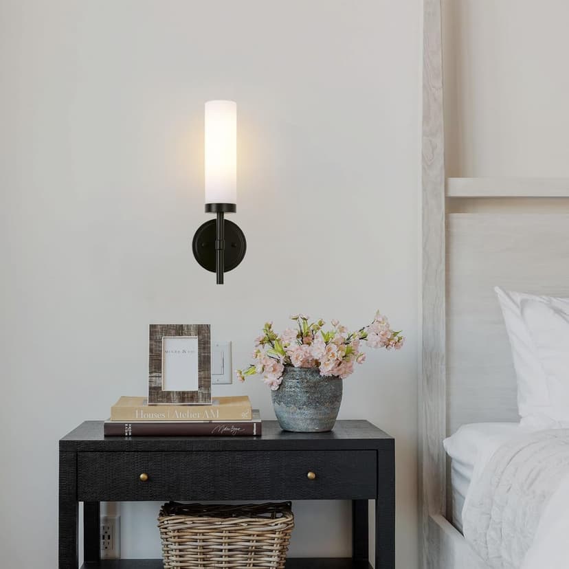 Black Bathroom Wall Sconces Set of 2, Modern Sconces Wall Lighting Vanity Lights with Opal White Glass Shade, Farmhouse Wall Mount Lamp for Mirror Living Room Bedroom Hallway Kitchen Stairs