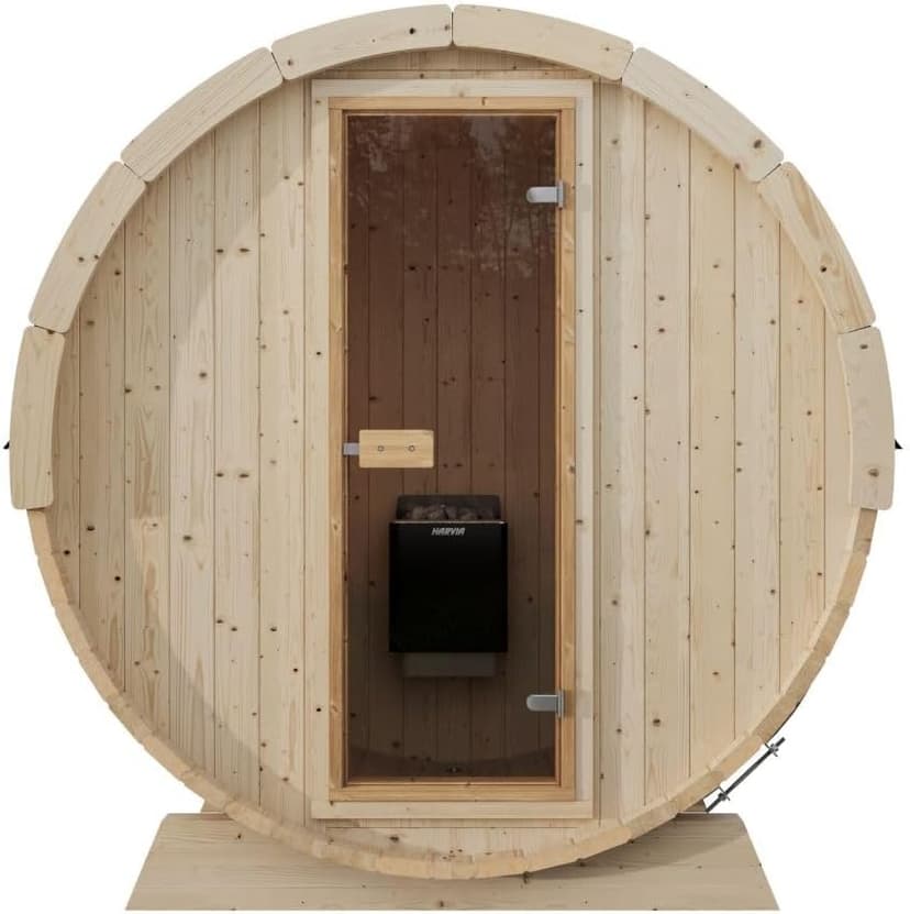 EuroSauna 2-Person Outdoor Barrel Sauna with Shingles, Lighting, & 6kW Harvia Sauna Heater, 81x59