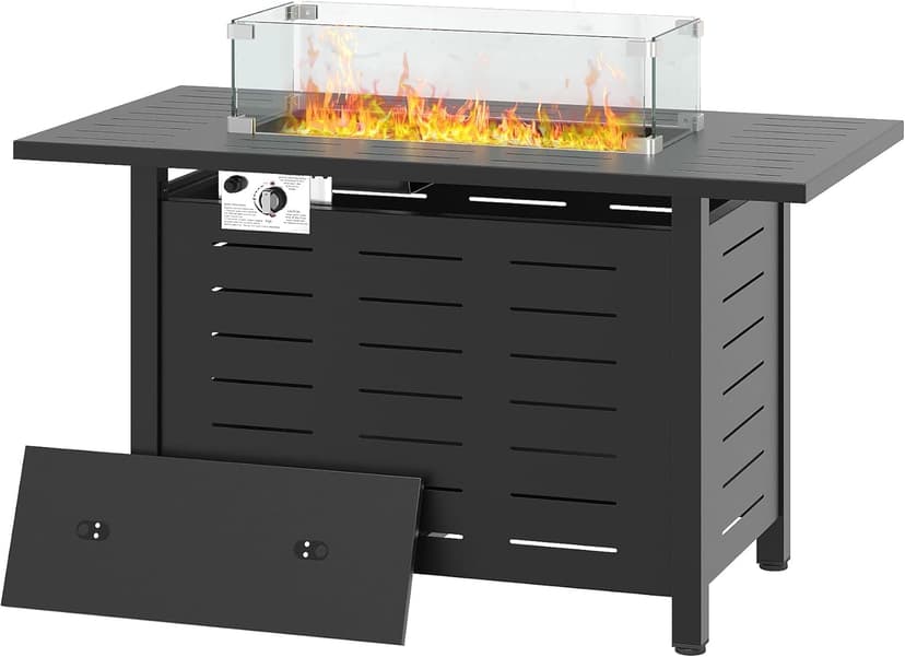 Aoxun 44 Inch Propane Fire Pit 50,000 BTU Outdoor Gas Fire Table with Waterproof Cover and Glass Wind Guard, Rectangular Steel Firepit Table with Lid and Lava Rock for Outdoor, Patio, Backyard