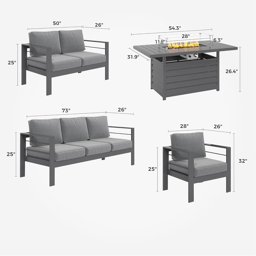 Solaste Aluminum Patio Furniture Set with Fire Pit Table, 7 Seats Metal Outdoor Furniture with Water-Resistant Cushions, Modern Patio Conversation Set for Balcony, Front Porch, and Backyard, Grey