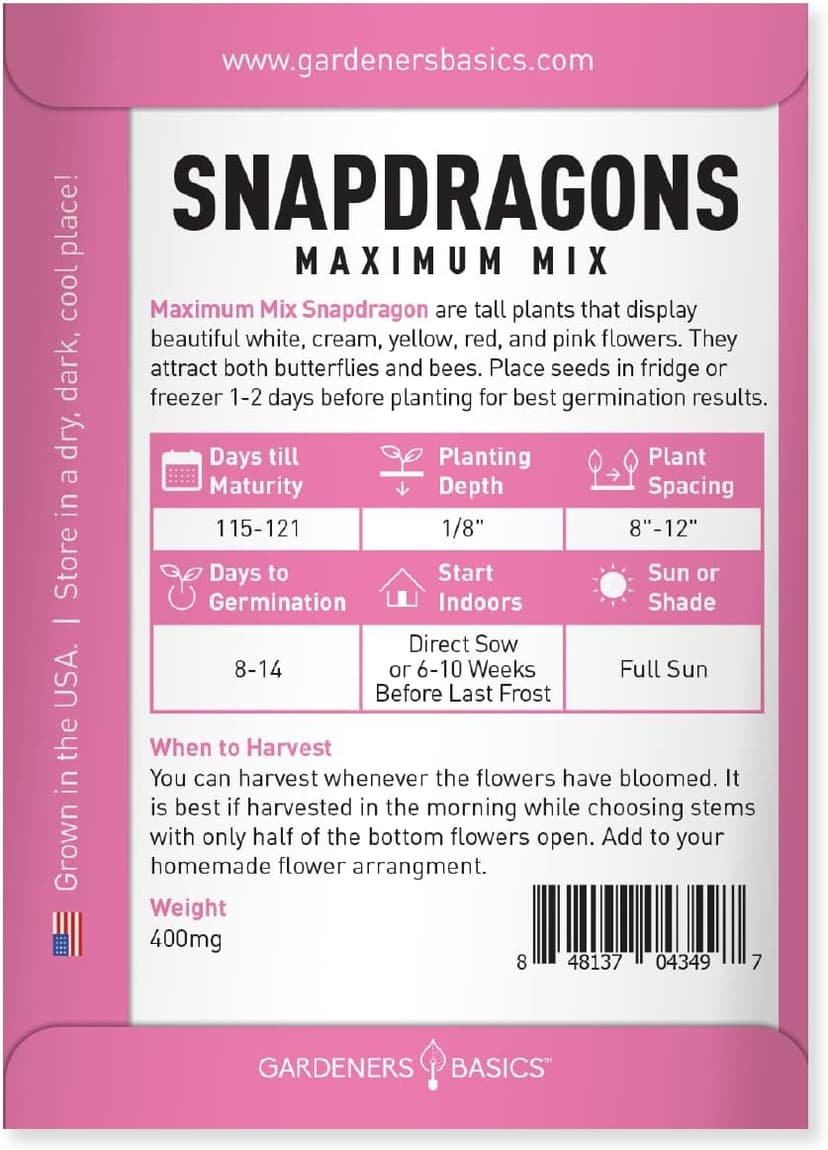 Gardeners Basics, Snapdragon Seeds for Planting (Maximum Mix Snap Dragon) Annual Flower Heirloom, Non-GMO Variety- 400mg Seeds Great for Summer Seeds for Gardening Flowers Gardens