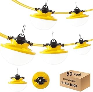 50FT Construction String Light 65W 8000Lm, 5000K Industrial Grade LED String Work Lights, IP65 Waterproof Temporary Lighting for Construction Sites, Renovation, Mine Cave, Job Site, Walkways