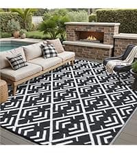 Outdoor Rug Mats, Large Waterproof Outdoor Area Rug, Reversible Portable Outdoor Plastic Straw Carpet for RV Deck Camping Front Door Indoor Outside Porch Picnic (5x8ft Geometric Black&White)