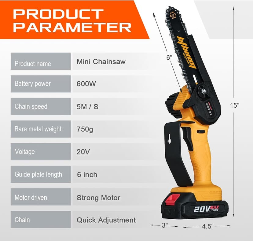 Mini Chainsaw 6-Inch with 2 Battery Mini Electric Chain Saws Cordless Handheld Portable Small Chainsaw for Wood Cutting