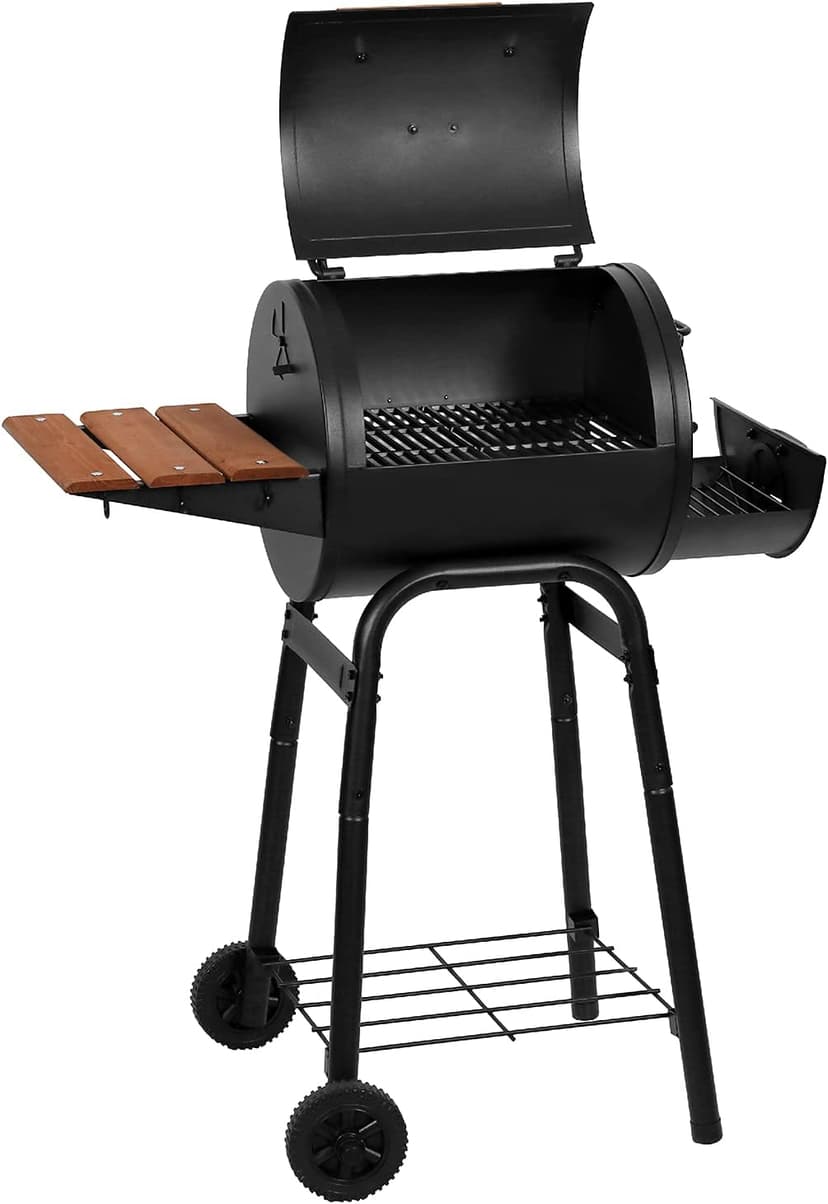 Char-Griller® Patio Pro Charcoal Grill and Smoker with Cast Iron Grates, Premium Wood Shelf and Damper Control, 250 Cooking Square Inches in Black, Model E1515