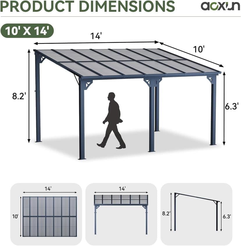 Aoxun Gazebo for Patio 10' x 14', Premium Gazebo Pergola with Sloped Roof, Large Wall-Mounted Heavy Duty Awnings, for Backyard, Patio, Deck and More