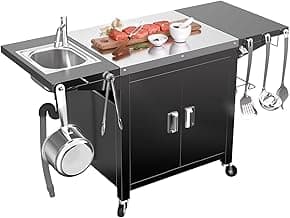 Grill Table with Sink, Outdoor Bar Cart Grill Station, Modular Outdoor Kitchen Island with 100-Gallon Storage Cabinet, 304 Stainless Steel Top, Pizza Oven Table for Lawn & Garden, L60” x W25”