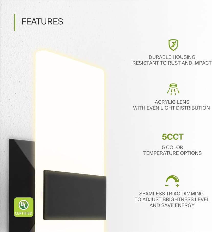 ASD 12 Inch LED Indoor Wall Sconce - Modern Interior 12W 2700K-5000K Adjustable Dimmable Wall Mounted Light Fixtures, Acrylic Glass Wall Lights for Stairway, Hallway - UL, Matte Black