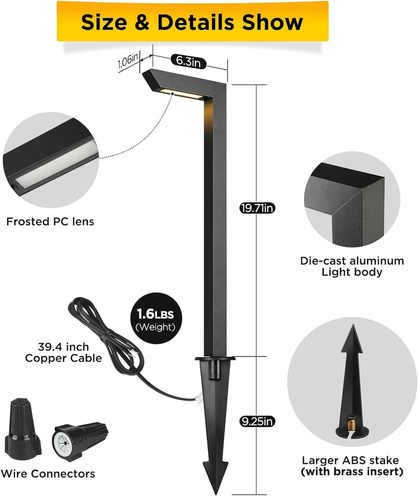 Gardencoin 3CCT LED Low Voltage Landscape Pathway Light, 12V Premium 3000K/4000K/5000K Selectable Path Lights Wired, Modern Walkway Lights Outdoor, Higher Housing with Larger Stake (19.7IN, 8 Pack)