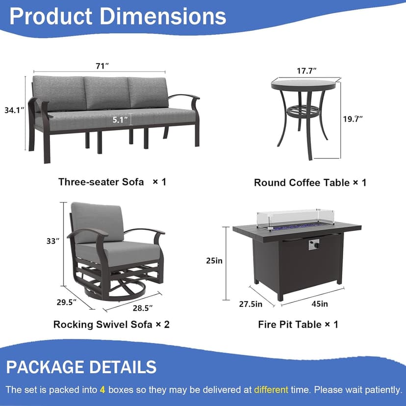 ALAULM Aluminum Patio Furniture Set with Propane Fire Pit Table 5-seat Metal Outdoor Furniture w/Fire Pit Patio Sectional Sofas w/5.2" Cushions for Patio, Backyard, Poolside-Grey