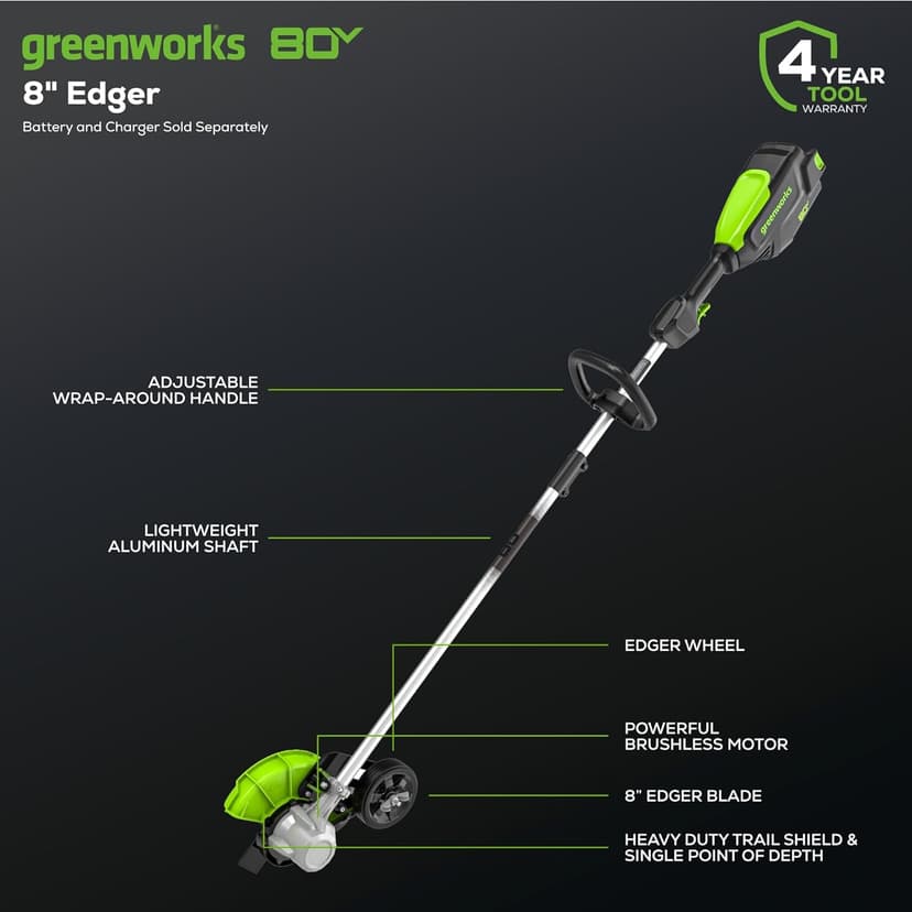 Greenworks 80V 8" Brushless Cordless Edger, Battery and Charger Not Included