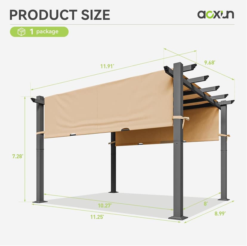 Aoxun 10'x12' Outdoor Retractable Pergola with Adjustable Roof, Modern Metal Patio Aluminum Pergola with Sun Shade Canopy, Brown Shade Cover for Garden, Backyard and Deck