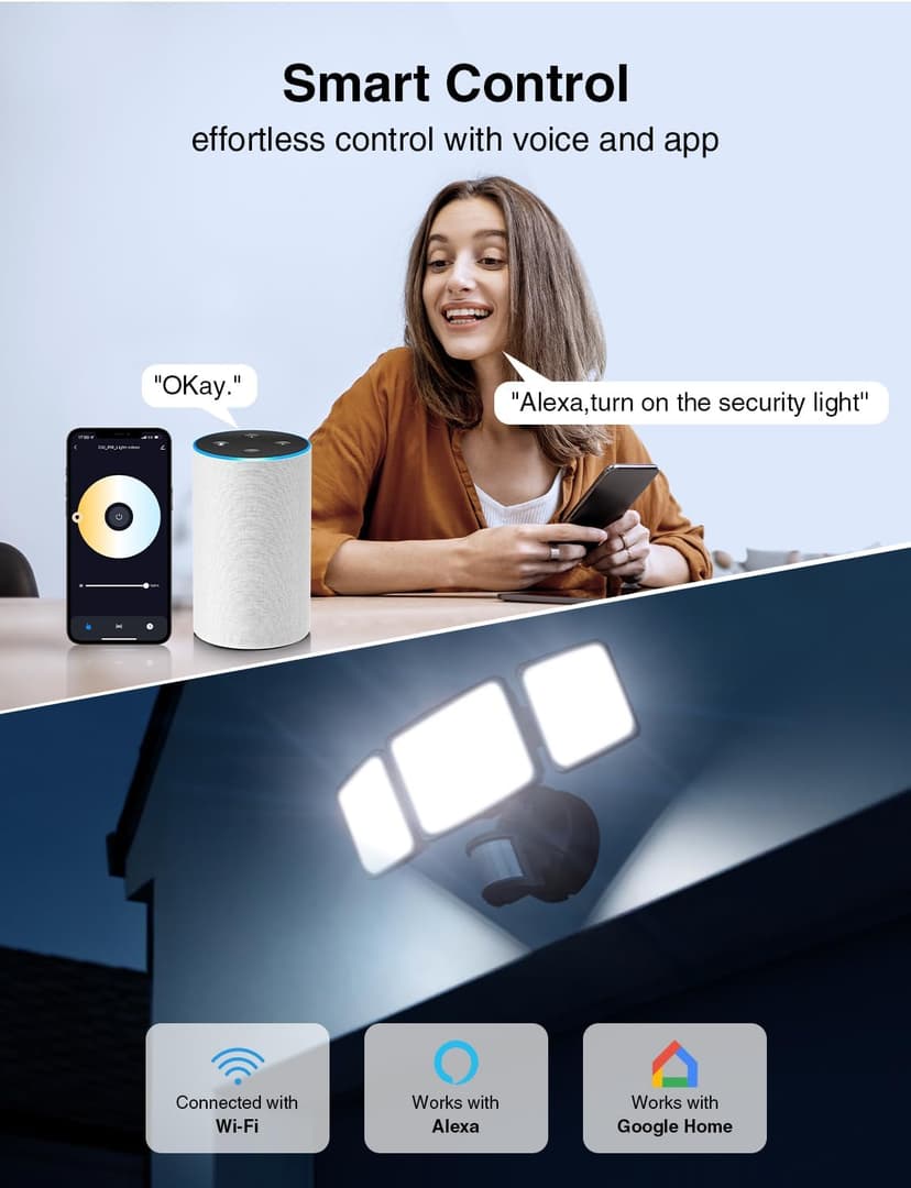Onforu 100W Smart LED Security Lights Motion Sensor Outdoor 9000LM, 2500K-6500K, WiFi Alexa Flood Light APP Control, Motion Detector with Adjustable 3 Head, IP65 Wall Light for Yard (Black)