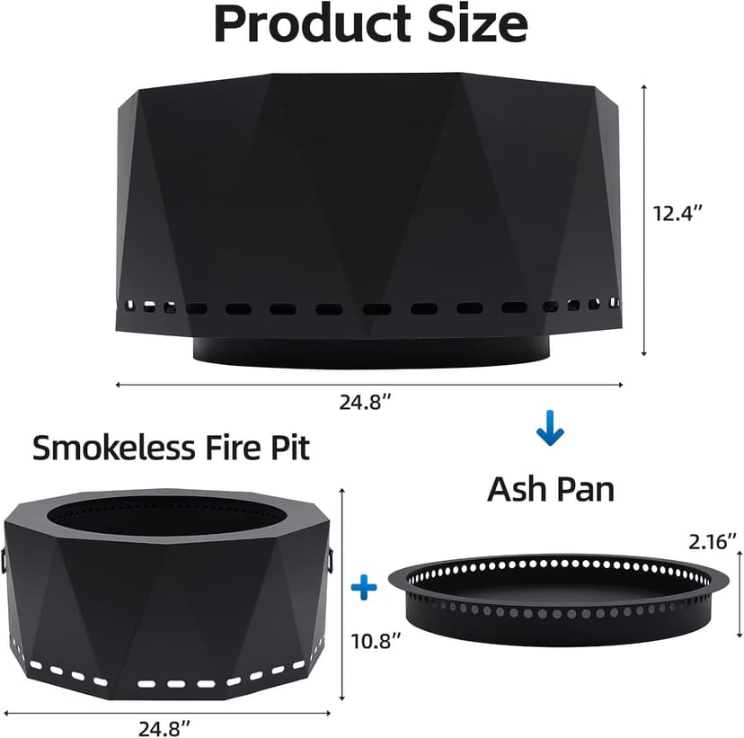 Smokeless Firepit Outdoor-25 Inch Large Smokeless Fire Pits for Outside with Handles, Portable Low Smoke Metal Wood Stove for Camping, Patio, Backyard, Garden, Picnic-XL