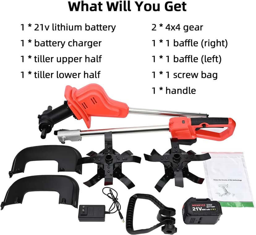 21v Cordless Tiller Cultivator, 300 RPM Tiller Has Battery Capacity Display with 4.0 Ah Battery, 11 in Tilling Width, 8 in Depth Rototiller for Lawn/Gardening/Soil Cultivation by MKMKYEE