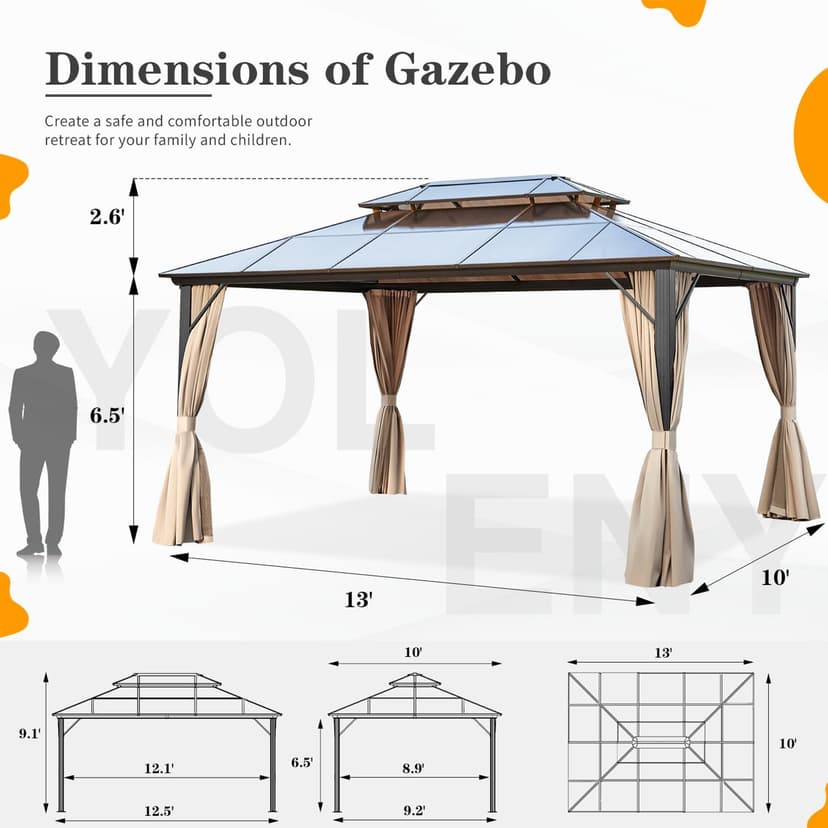 YOLENY 10'x13' Hardtop Gazebo, Outdoor Polycarbonate Double Roof Canopy, Aluminum Frame Permanent Pavilion with Curtains and Netting, Sunshade for Garden, Lawns, Patio