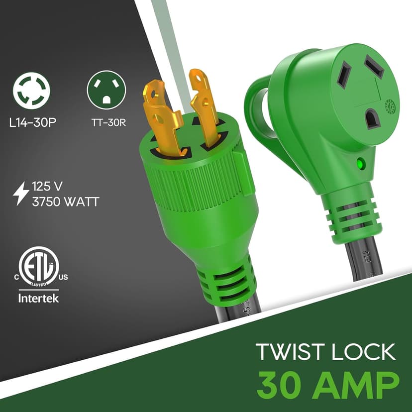 RVGUARD 4 Prong 30 Amp to 30 Amp RV Generator Adapter Cord 12 Inch, STW 10/3, L14-30P Locking Male Plug to TT-30R Female with LED Power Indicator, Green