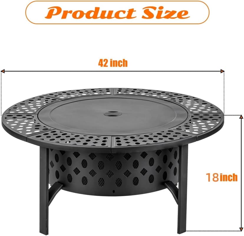 42 Inch Fire Pit with 2 Grills, Extra Large Wood Burning Fire Pits for Outside with Lid & Poker, Heavy Duty Firepit,BBQ& Outdoor Fire Pit & Round Metal Table 3 in 1 for Patio, Picnic, Party