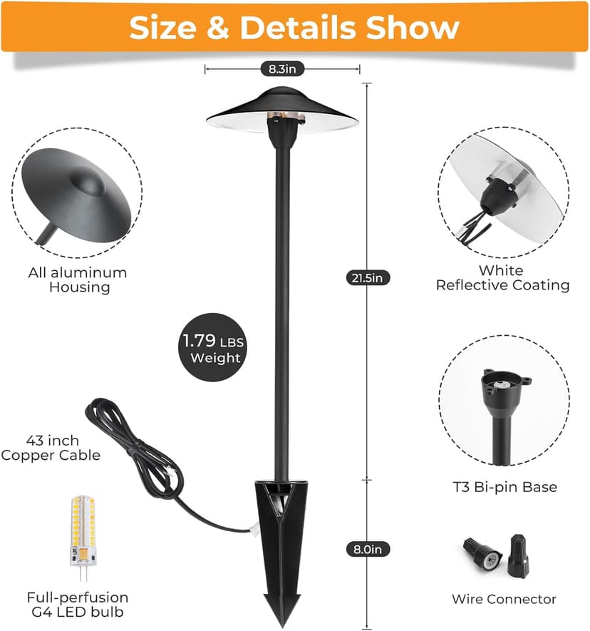 Gardencoin Low Voltage Pathway Lights (8.5'' Shade, 21.5'' Tall)，12V Outdoor LED Landscape Path Lights Wired, Aluminum Pathway Lighting with 3W 2700K Replaceable Bulb for Walkway Garden Yard, 6 Pack