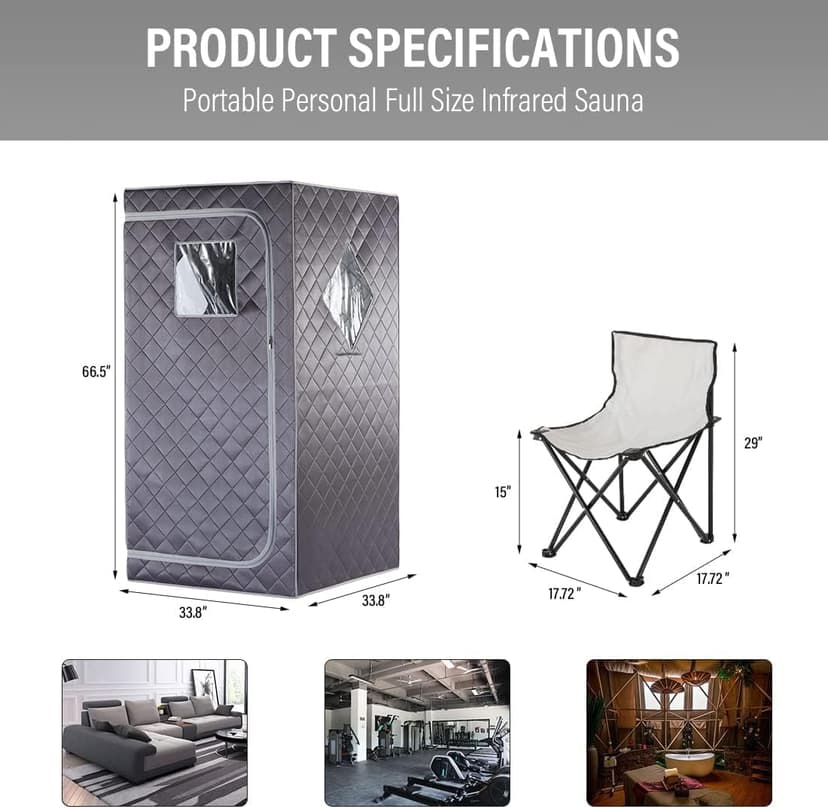 Full Size Portable Personal Infrared Sauna for Home, Personal Home Spa Tent with Remote Control, Heating Foot Pad, Foldable Reinforced Chair （Grey, L33.8 x W 33.8" x H 66.5"