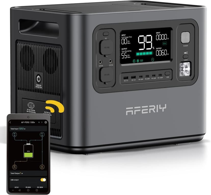 AFERIY P210 Portable Power Station 2400W (4800W Peak),2048Wh LiFePO4 Battery Generator with 1100W AC Charging & 500W Solar Charging,for Home Backup,Power Outages, Camping (Solar Panel Optional)