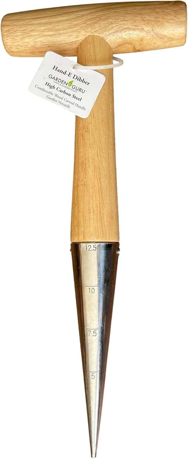 Garden Guru Steel Dibber Planter Tool for Planting Seeds & Bulbs - High Carbon Steel & Comfortable Wood Carved Handle - for Consistent Planting Flowers Tulips, Daffodils, Dahlias