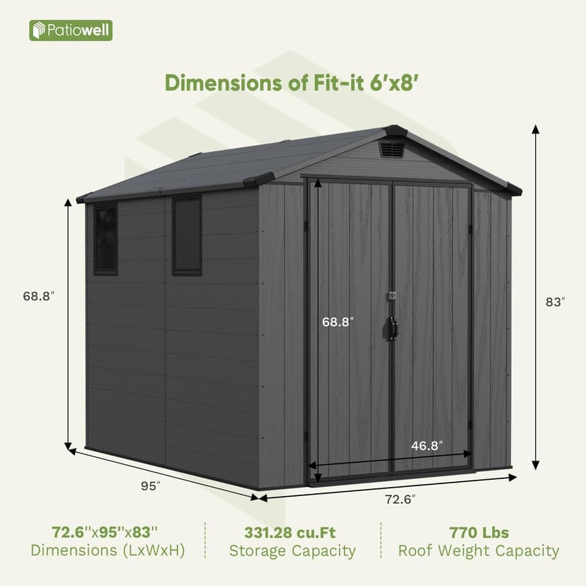 Patiowell 6 x 8 FT Plastic Outdoor Storage Shed with Floor, Resin Outside Tool Shed with Two Windows and Lockable Door for Garden, Backyard, Tool Storage Use, Easy to Install, Dark Grey