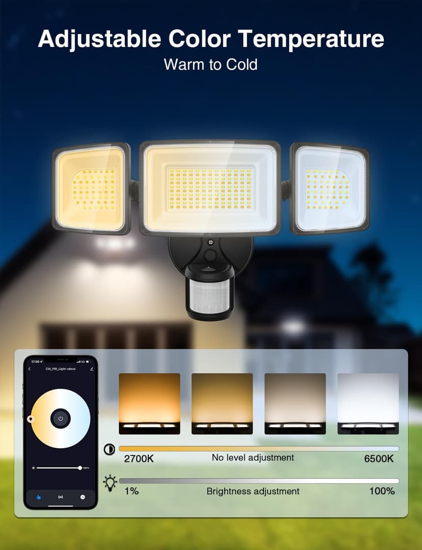 Onforu 100W Smart LED Security Lights Motion Sensor Outdoor 9000LM, 2500K-6500K, WiFi Alexa Flood Light APP Control, Motion Detector with Adjustable 3 Head, IP65 Wall Light for Yard (Black)