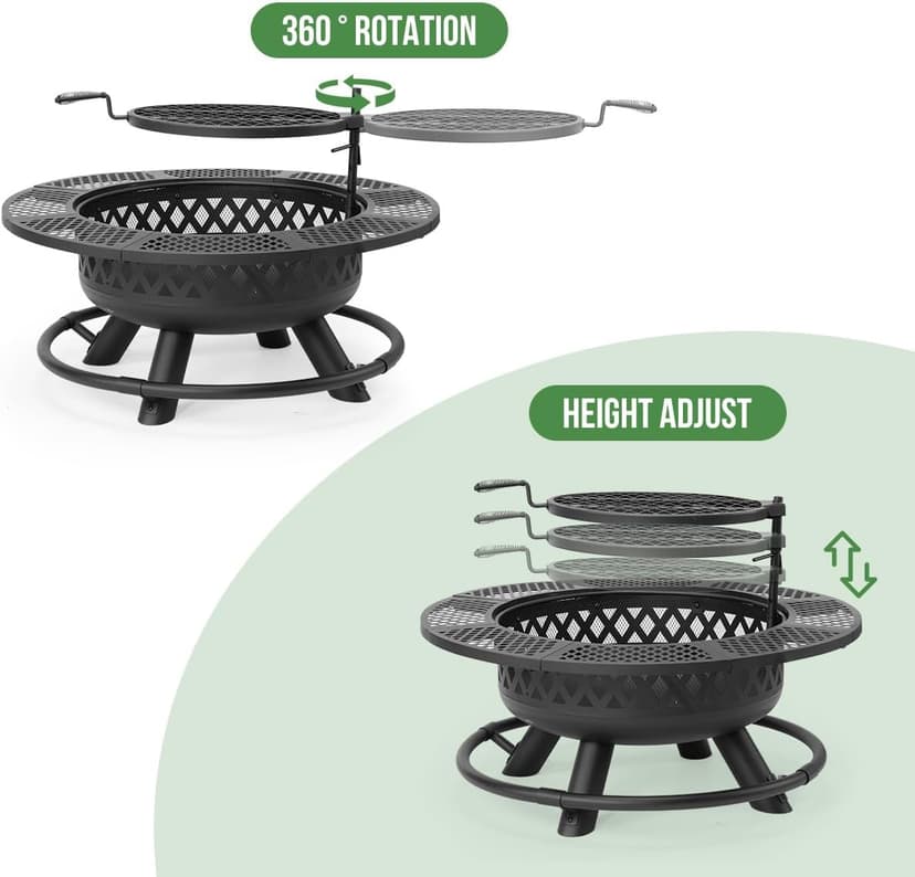 42 Inch Outdoor Fire Pit with Grill, Large Firepit Table for Outside, Metal Round Firepits with Lid&Fire Poker,3 in 1 Wood Burning Fire Pits & Outdoor Fireplaces for Backyard,Patio(Black)