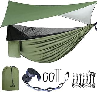 Camping Hammock - Hammocks with Mosquito Net Tent and Rain Fly Tarp, Portable Single & Double Nylon Parachute Hammock with Heavy Duty Tree Strap, Indoor Outdoor Backpacking Survival Travel