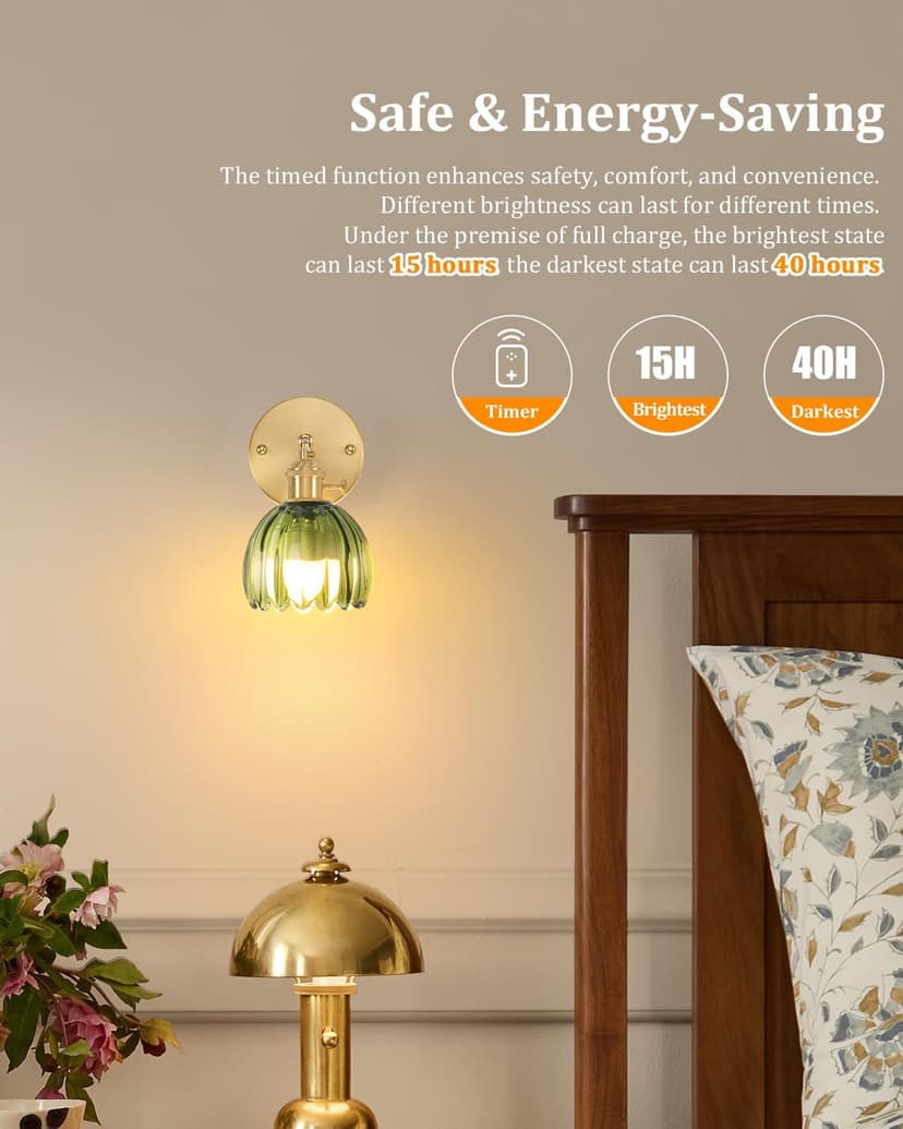 Vintage Battery Operated Wall Sconce with Green Tulip Glass Lampshade Wireless Rechargeable Battery Powered Wall Light with Remote Control for Bedside Bedroom Doorway, Set of 2