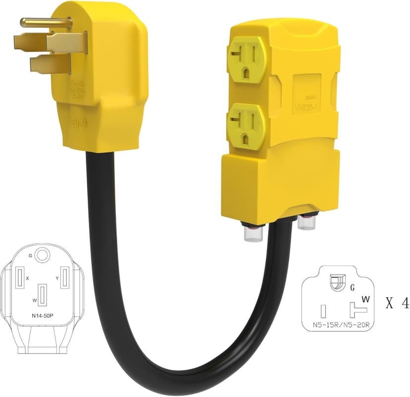 50Amp to 20 Amp 110V RV Distribution Adapter. 4 Prong NEMA 14-50P Male to 4*5-20R/5-15R Household Outlet Female with Circuit Breaker.RV Generator Adapter Cord 1.5FT.Yellow