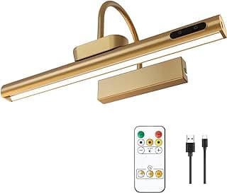 Dimmable Cordless Picture Light with Controller and Timer, Rechargeable 5000mAh Battery Wall Sconce for Wall Pictures, Gallery Artwork, Paintings, Portraits, Dartboards (Gold)
