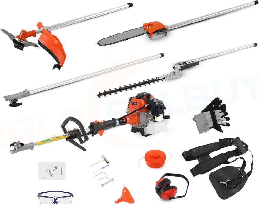 Iglobalbuy 52cc 2-Stroke 5 in 1 Garden Hedge Trimmer Combo, Gas Powered Long Reach Pole Saw Grass String Trimmer Brush Tree Cutter Pruner Weed Eater Multi Functional Garden Trimming Tools