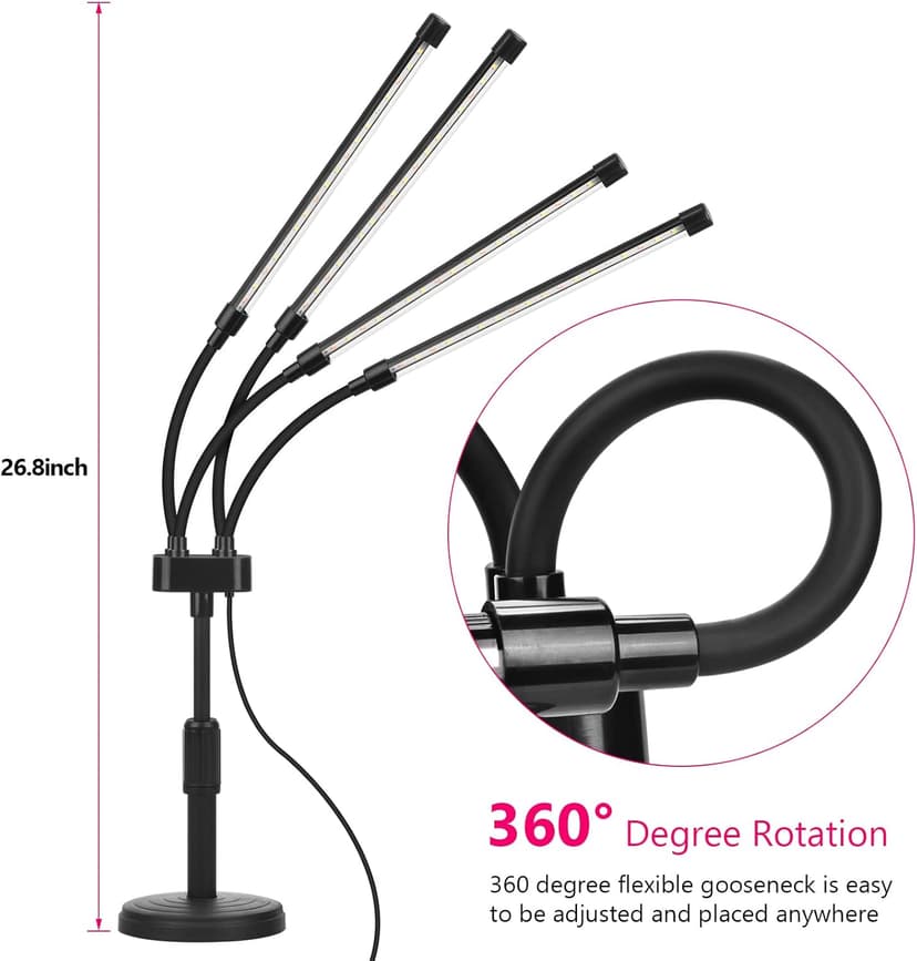 Grow Lights for Indoor Plants, Four Head LED Grow Light with Full Spectrum, Red White Spectrum for Indoor Plant Lamp, Adjustable Gooseneck, Suitable for Vegetation