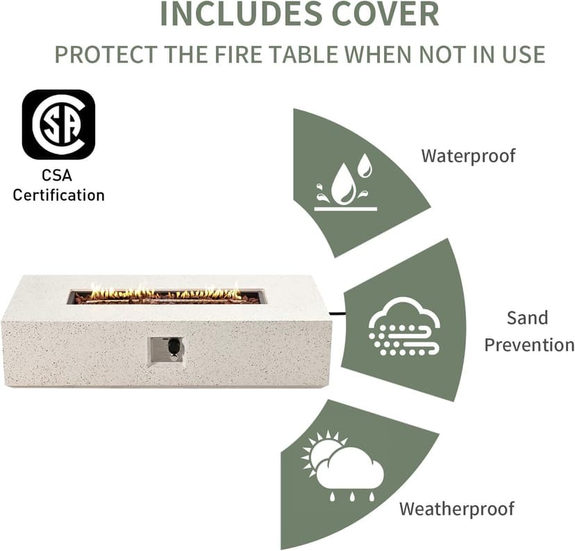 COSIEST 2-Piece Outdoor Propane Fire Table Set, Rectangle Concrete 56" Rectangular Fire Pit, CSA Certified, 50,000 BTU, w 20lb Tank Table,Waterproof Cover for Garden, Porch, Backyard