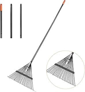 High-Carbon Steel Gardening Leaf Rake, Suitable for Raking Leaves and Lawn Tidying,Adjustable Split Long Handle 33-67", 24tines 23.2" Wide,Garden rake and thatch rake Suitable for Adults