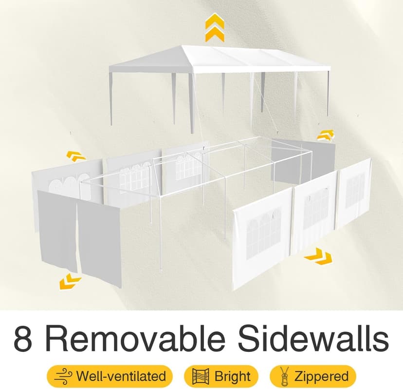 Greesum 10 x 30 Outdoor Canopy, Party Tents with 8 Removable Sidewalls, Gazebo Shelter for Parties, Outside Waterproof Wedding Canopies for Events, Birthday, Holiday, White