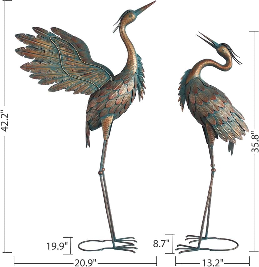 Metal Heron Yard Art, Standing Garden Sculptures & Statues for Outdoor Decor, 38-42 Inch Set of 2, Copper
